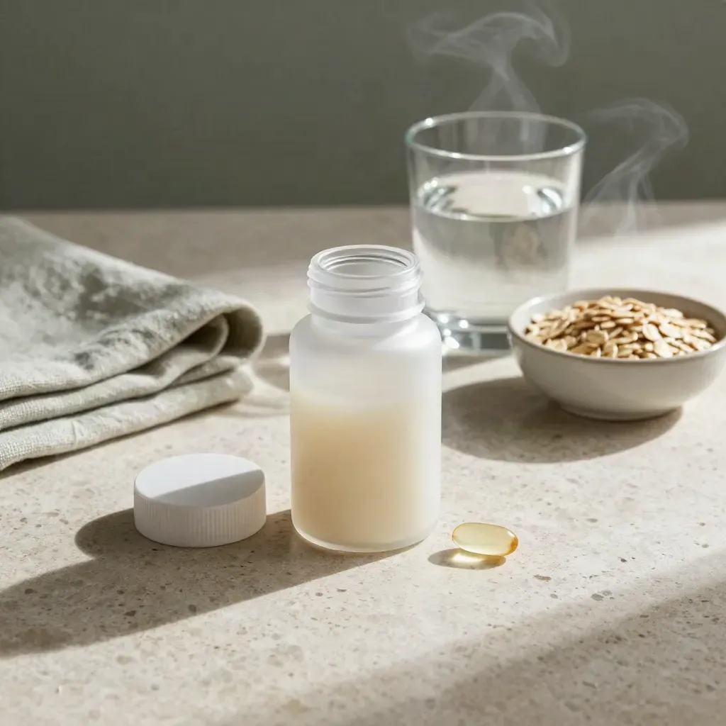 Capsule at bottle lip beside water, linen napkin, and steaming oatmeal bowl on stone table.