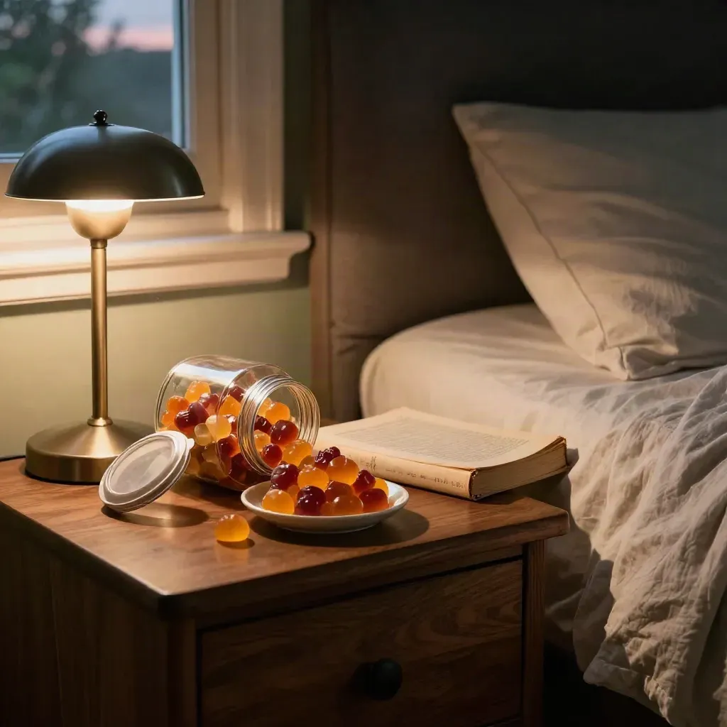 Night gummies jar, saucer, book, and bedside lamp glowing on a walnut nightstand.