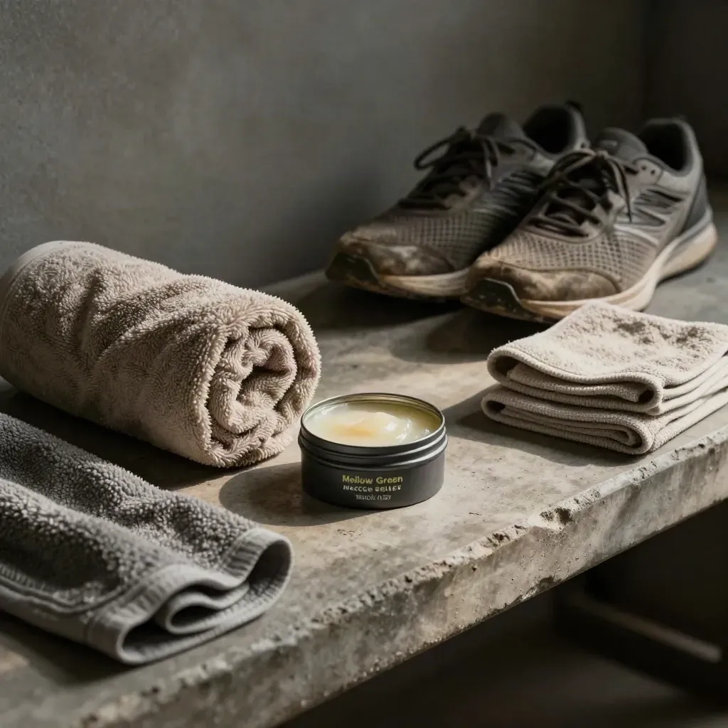 Open balm tin beside towel and trainers on a concrete bench after training.