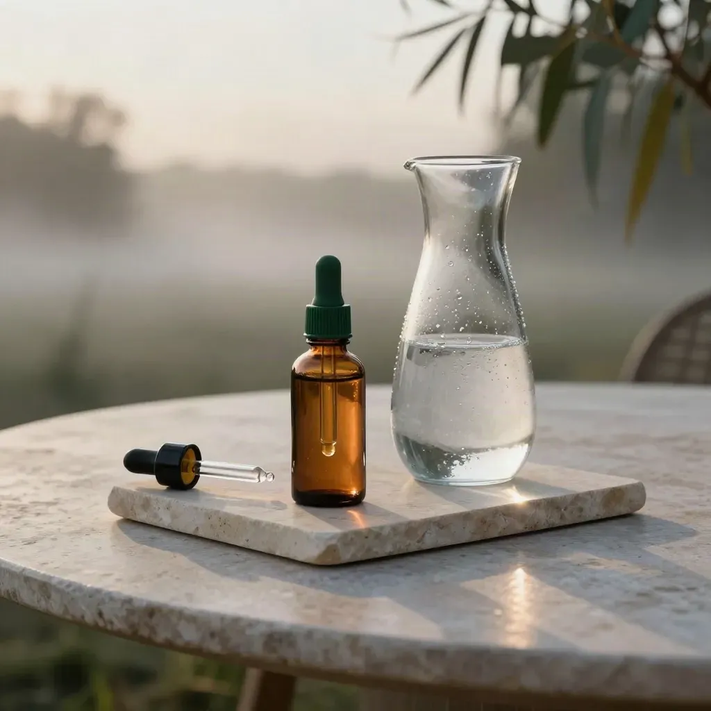 Open CBD tincture bottle beside a water carafe on a pale stone outdoor table at dawn.