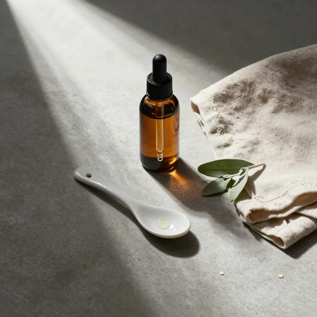 Overhead CBD tincture bottle with dropper over ceramic spoon, linen, and sage sprig