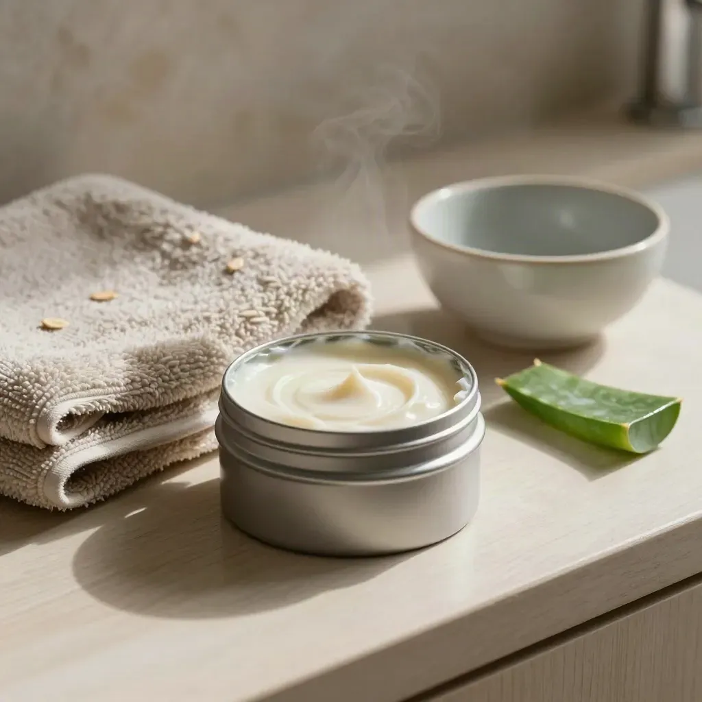 Open balm tin with towel, ceramic bowl and aloe cutting on a pale wood vanity in soft steam.